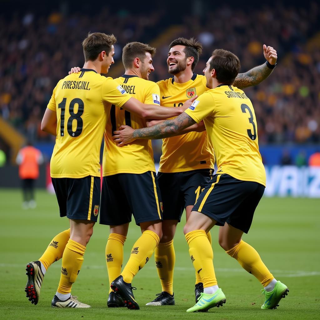 Rimario Hagl celebrating a goal with his teammates, showcasing his success at a club level.