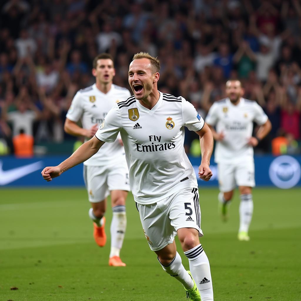 Arjen Robben celebrating a goal for Real Madrid, surrounded by teammates.