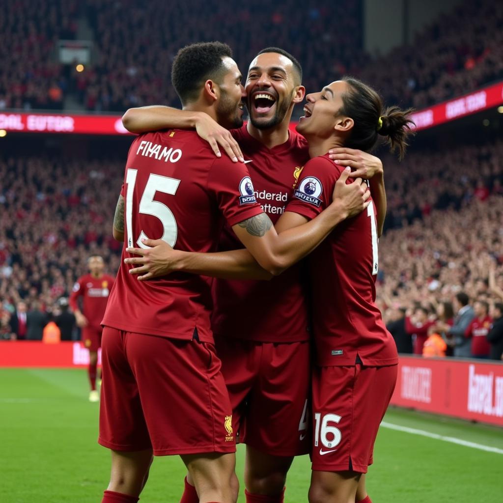 Roberto Firmino celebrating a goal with Liverpool teammates