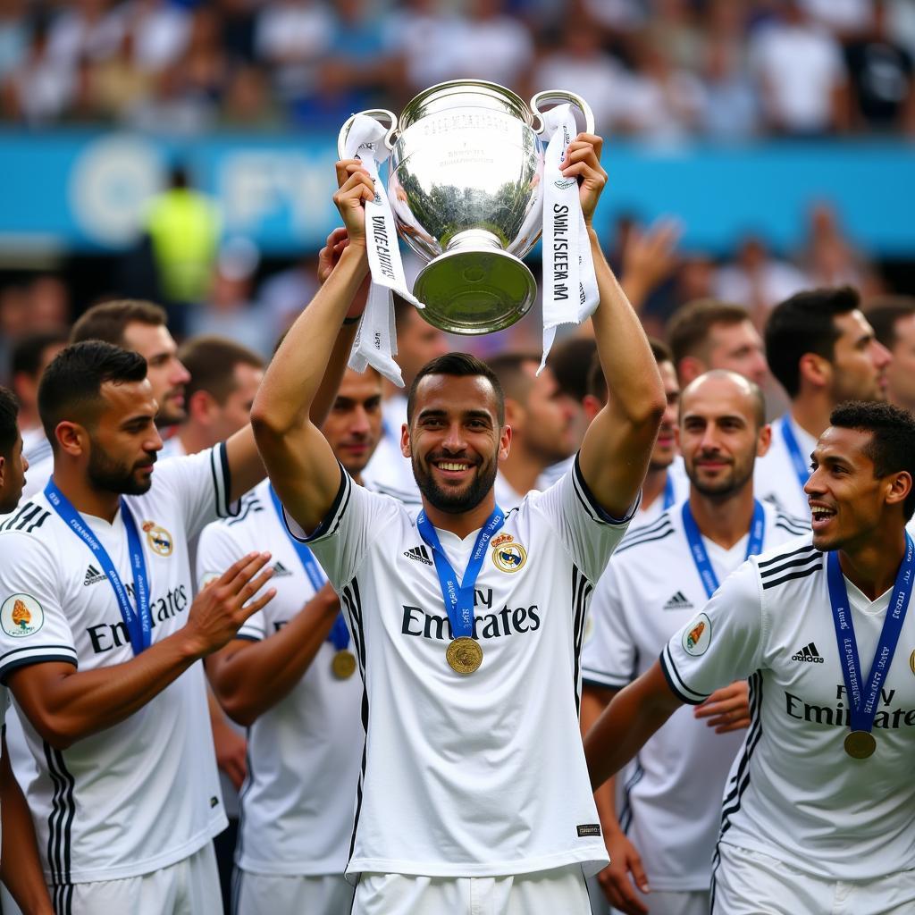 Rodrygo Goes lifting the Champions League trophy