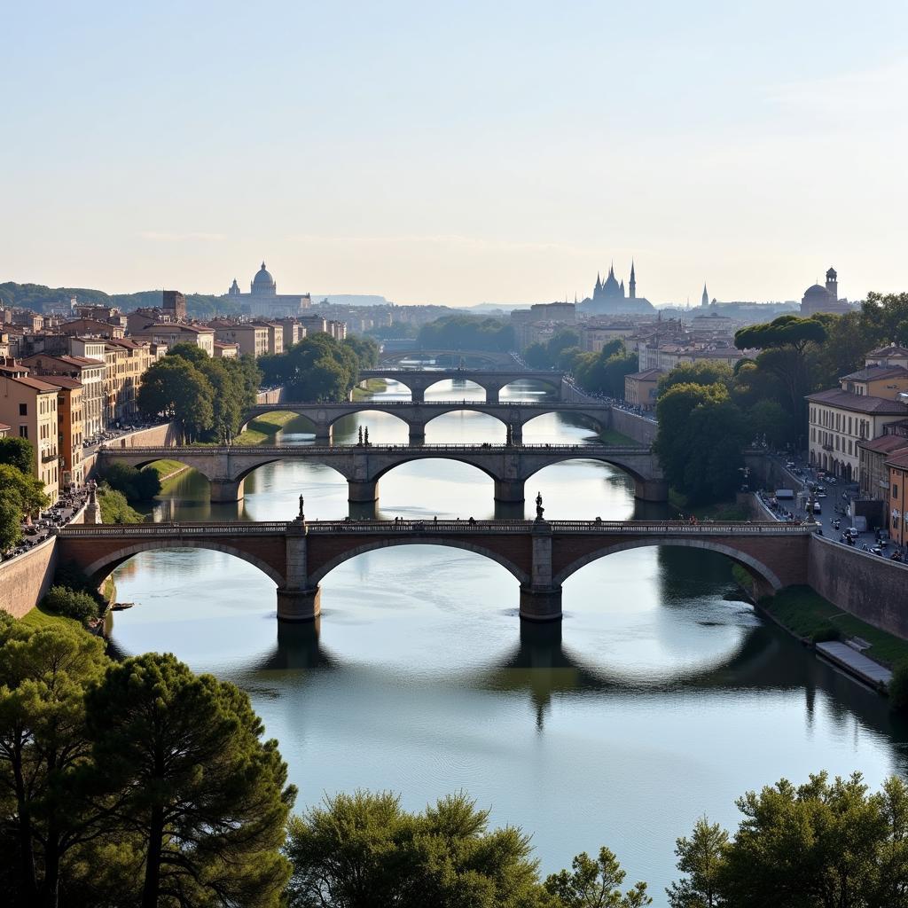 Panoramic view of Rome bridges over Tiber River