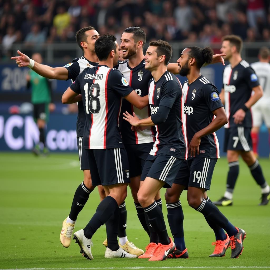 Cristiano Ronaldo celebrating a goal with his Juventus teammates.