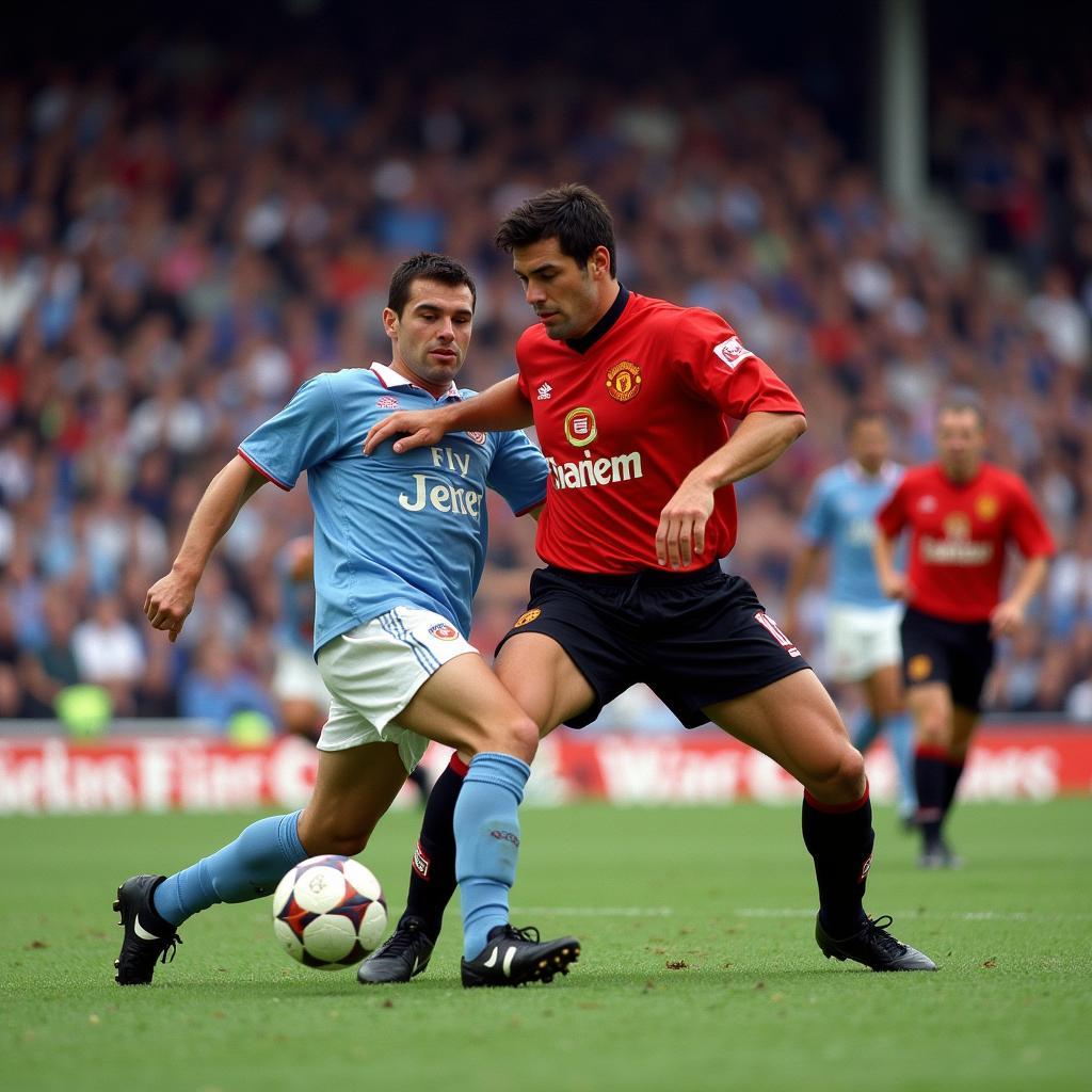 Roy Keane dominating the midfield in a Manchester United jersey