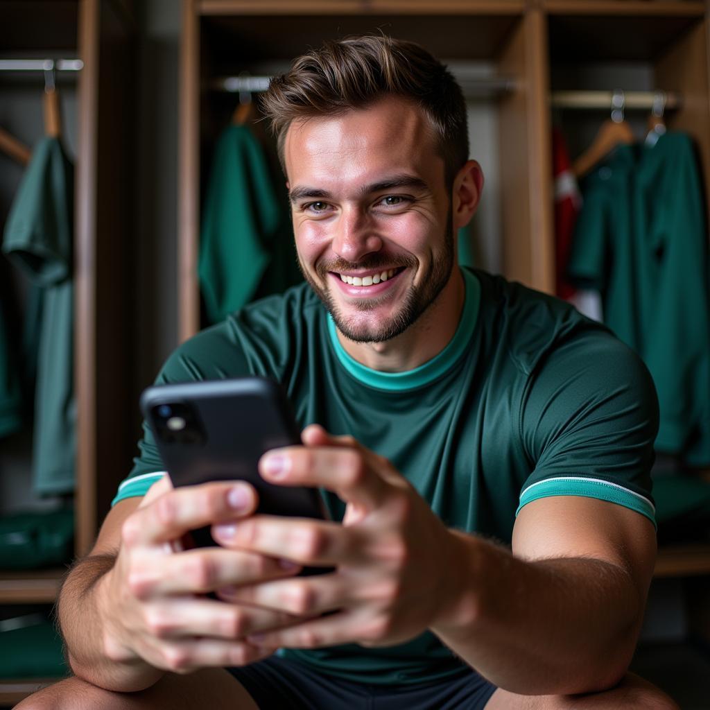 Rugby player interacting with fans on social media after a match.