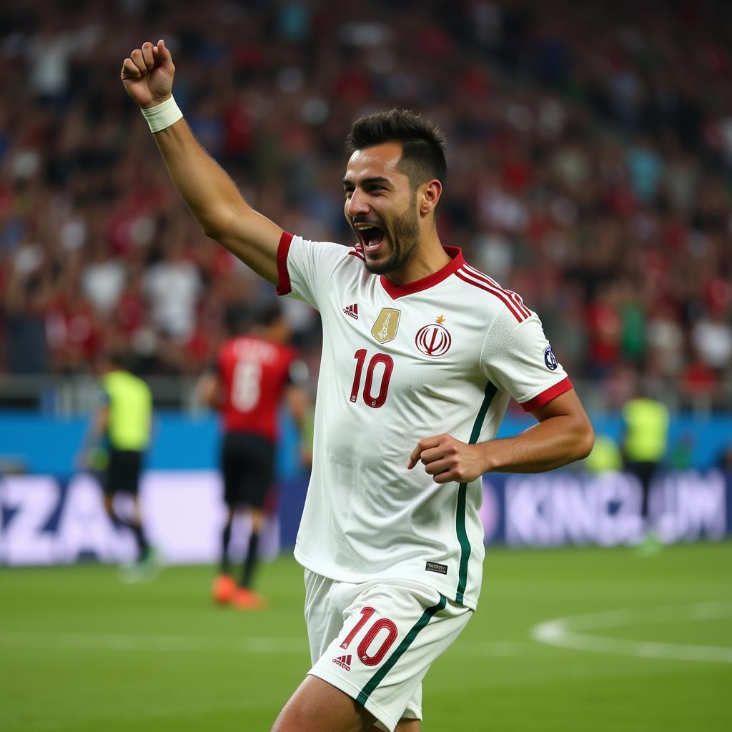 Sardar Azmoun celebrates scoring a goal for Iran in the 2019 Asian Cup