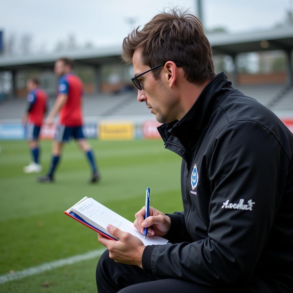 A football scout analyzing a U23 match