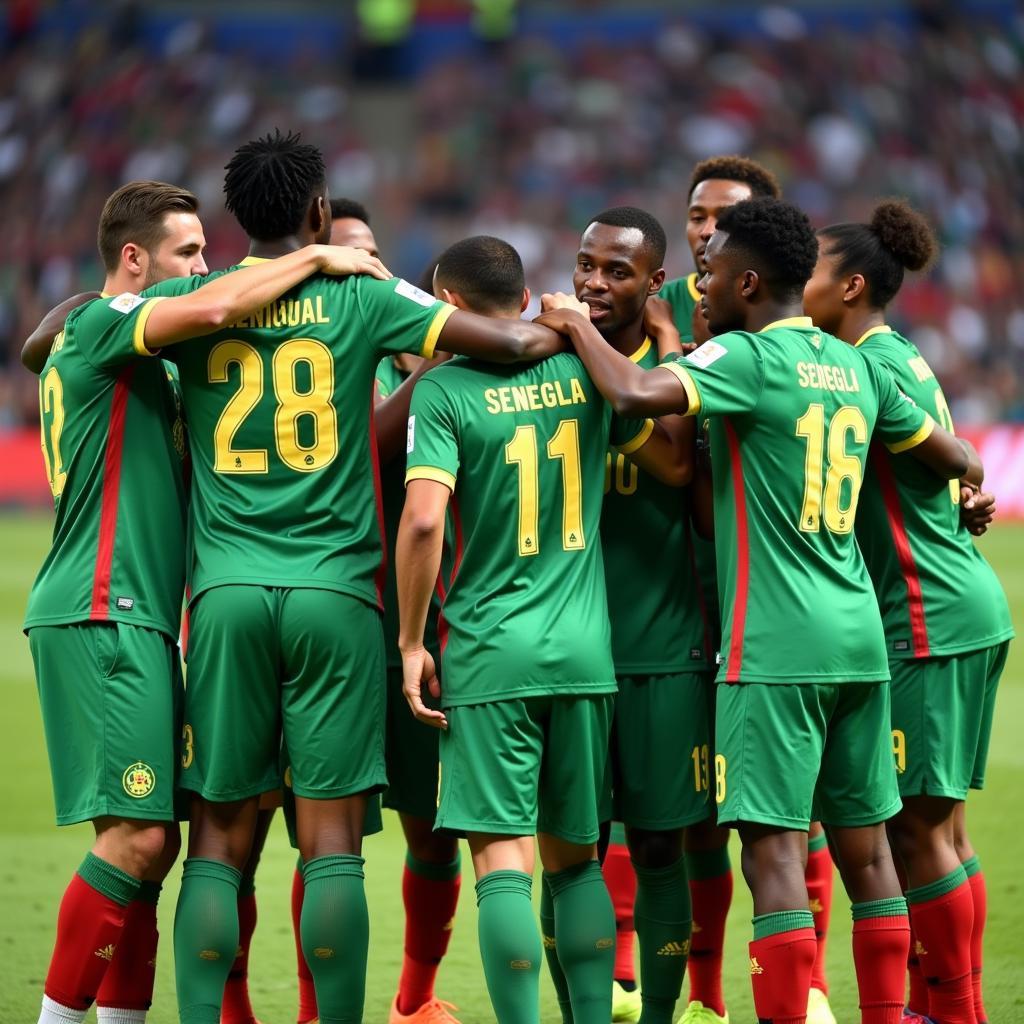 Senegal players huddle before a match at the 2018 FIFA World Cup