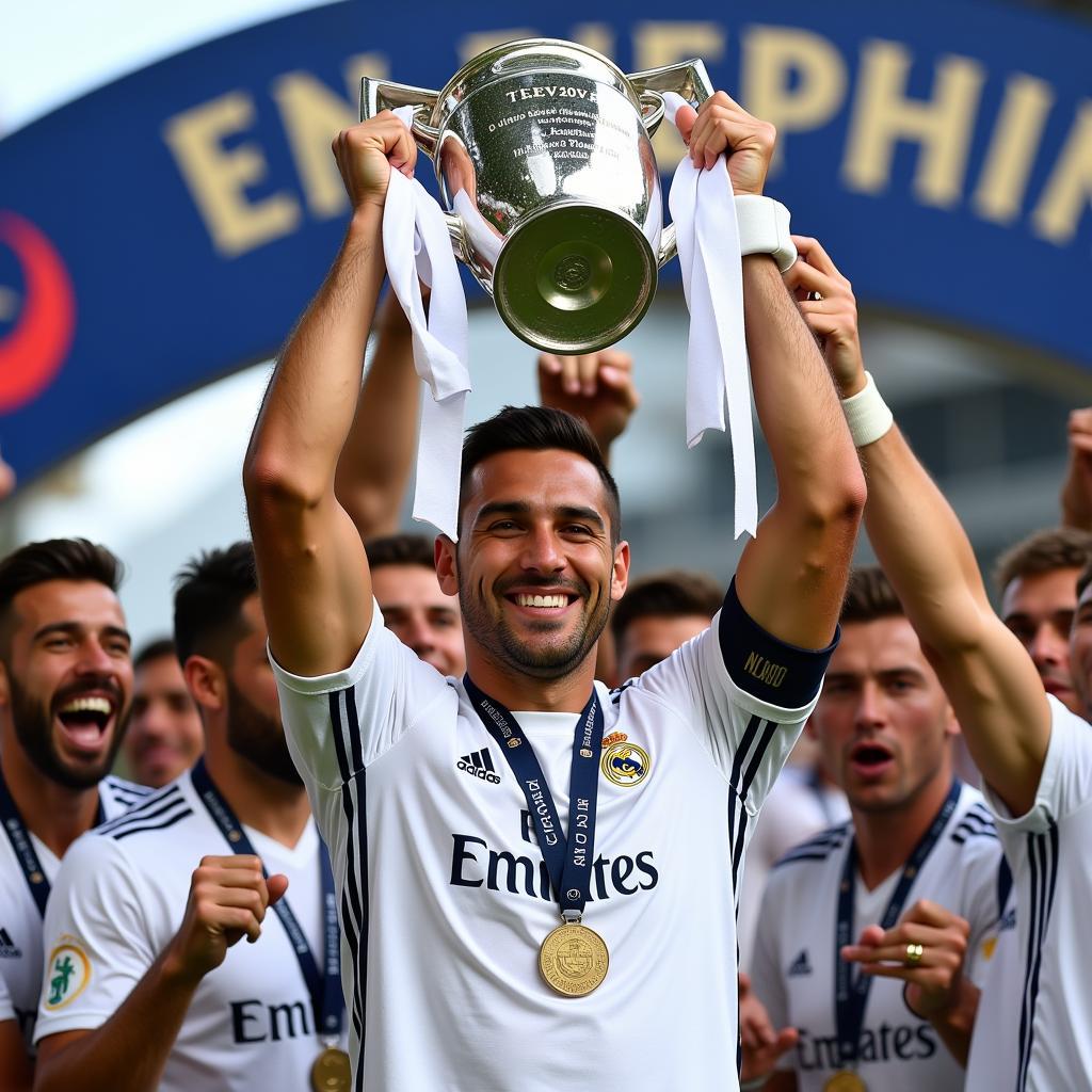 Sergio Ramos lifting the Champions League trophy as Real Madrid captain.