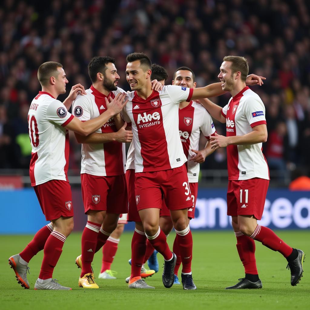 Singaporean footballer Stewart celebrating a goal with his teammates, highlighting his contribution to the team's success.