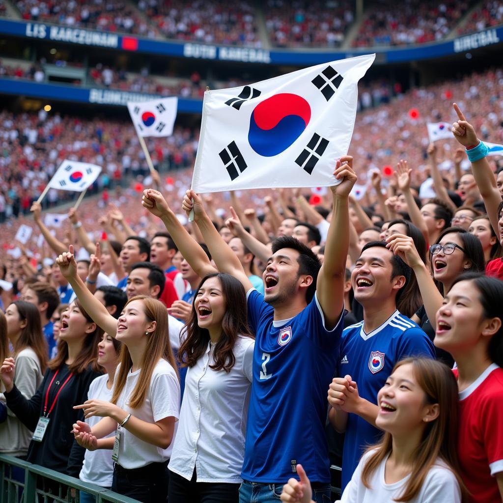 Enthusiastic South Korean fans cheering their team during a match.