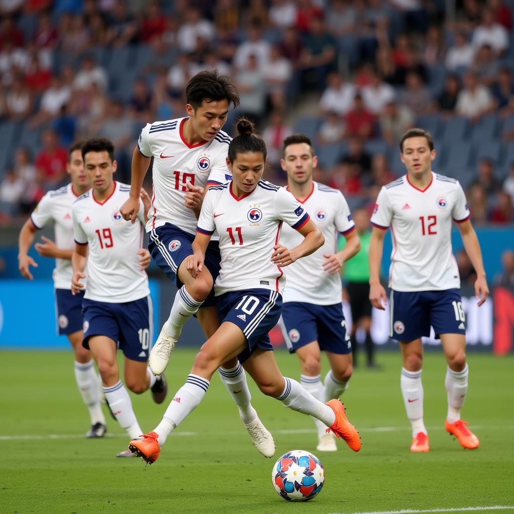 South Korean football players demonstrating their skills and teamwork during a match.