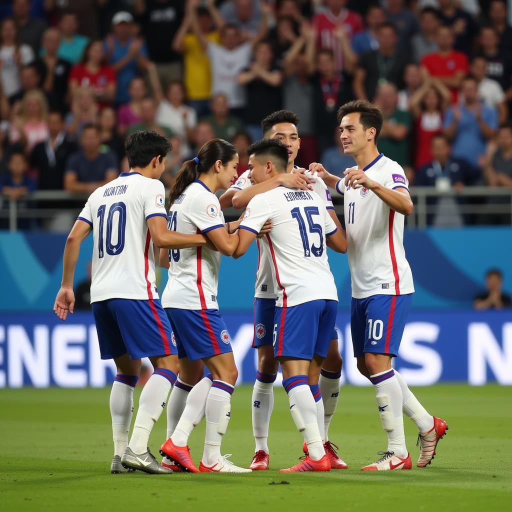 South Korean football team celebrates a goal with jubilation.