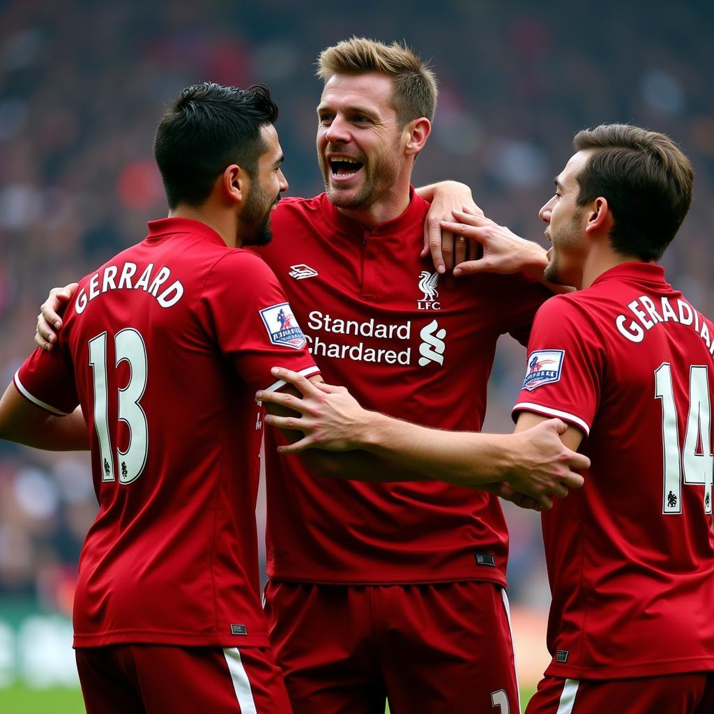 Steven Gerrard celebrating a goal with Liverpool teammates