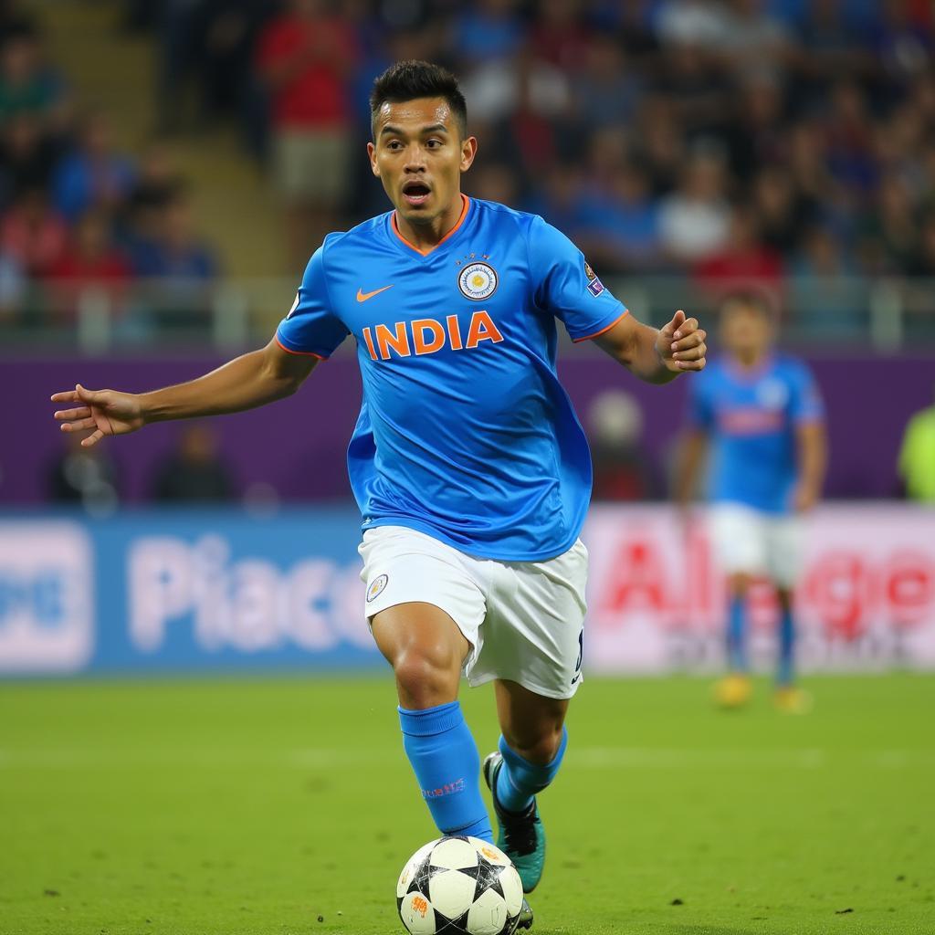 Sunil Chhetri, captain of the Indian national football team, leading his team.