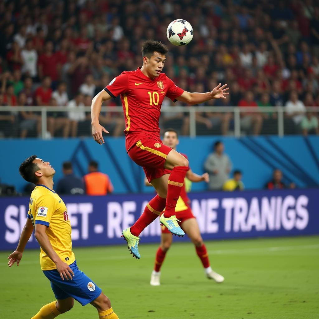 Tall Chinese Football Player Winning a Header