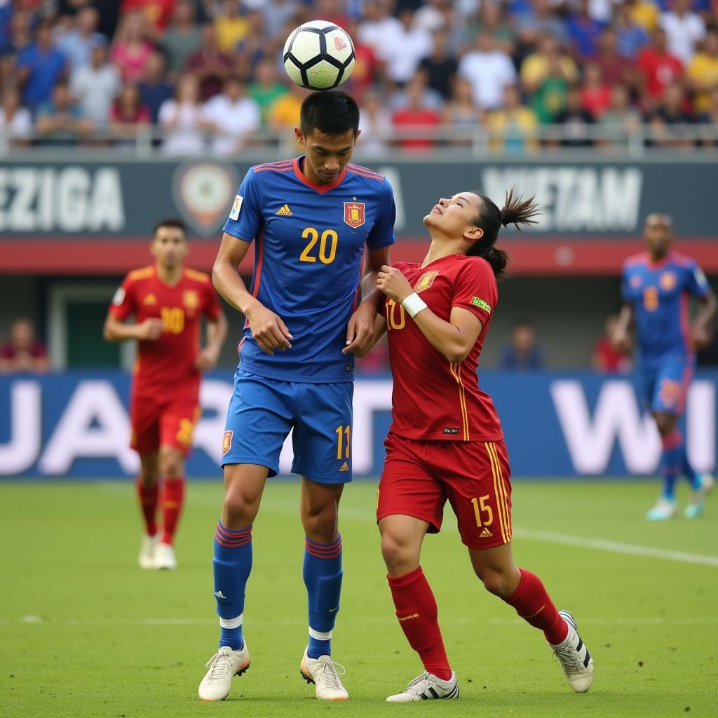 Tall Vietnamese Football Players Gaining an Advantage in the Air