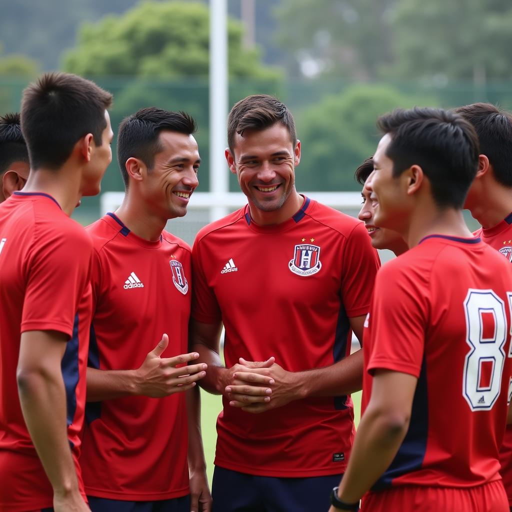 Tran Quang Dieu talking to his players during a team huddle.