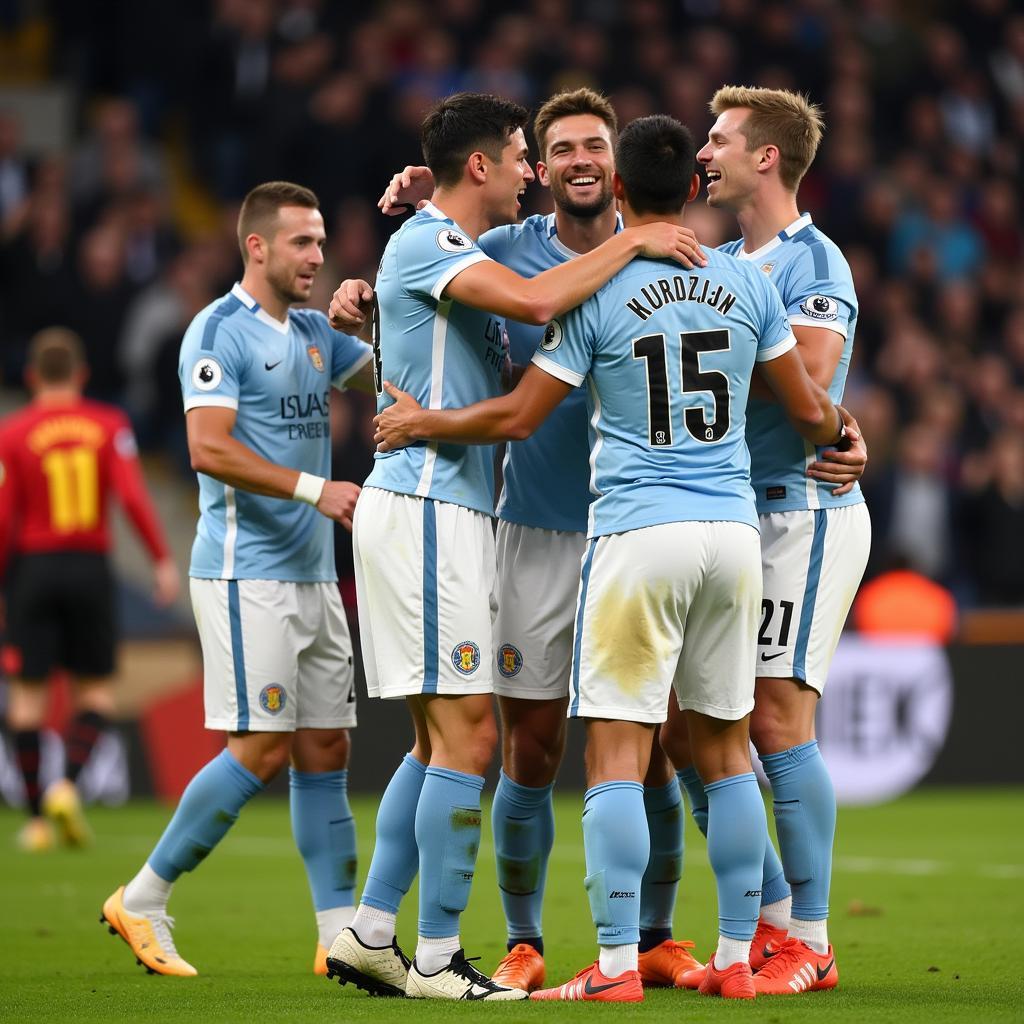 Teammates celebrate a goal after a successful assist