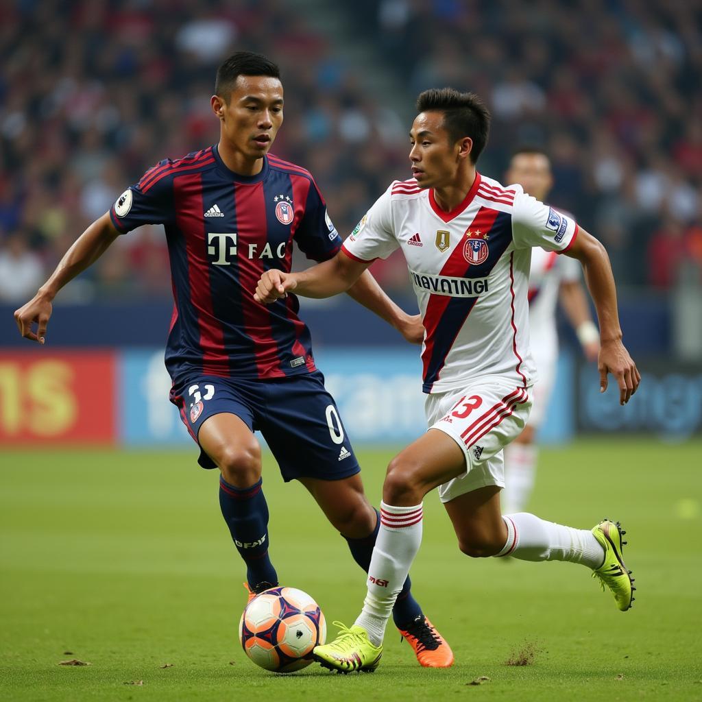 Thai football player at 1m57 dribbling past a taller opponent