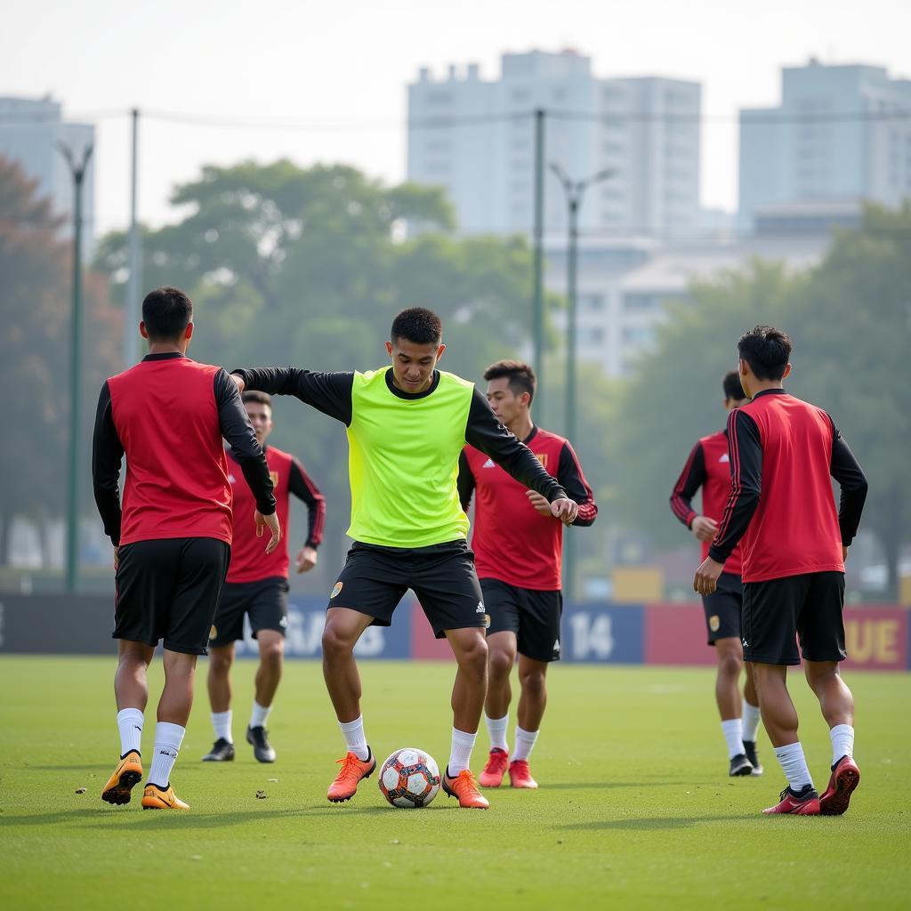 The Thanh Hoa player training with the Vietnam national team.