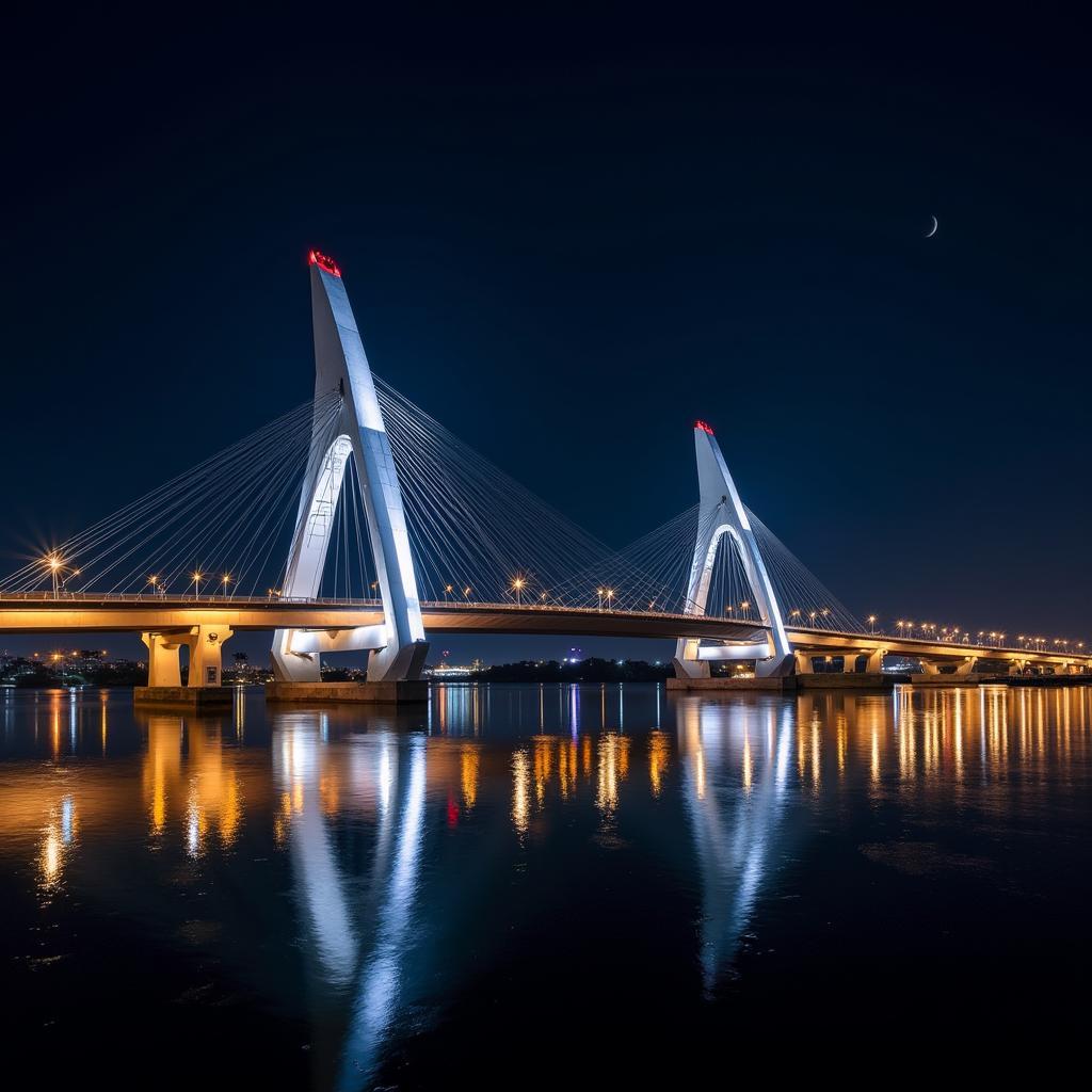 Night view of the illuminated Thu Thiem 2 Bridge