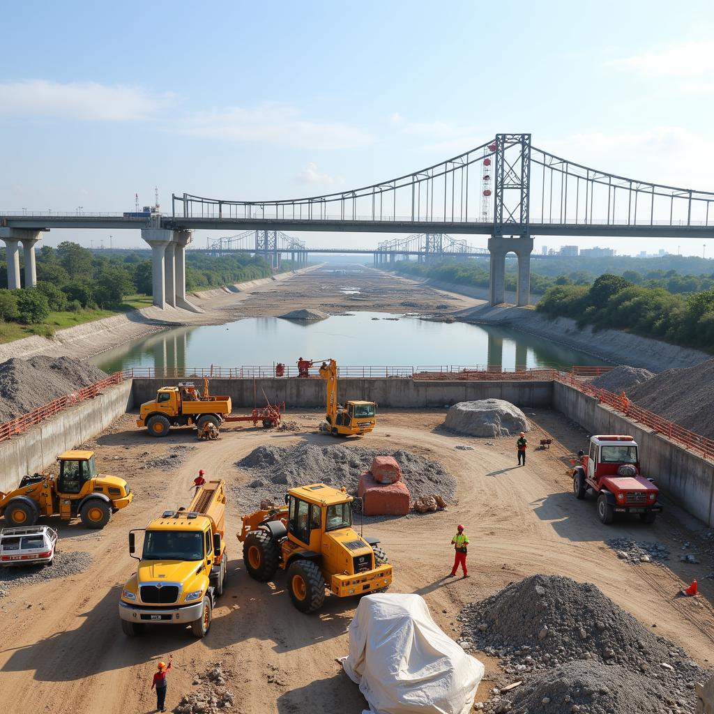 Construction site of Thu Thiem 4 Bridge showing ongoing work and heavy machinery.