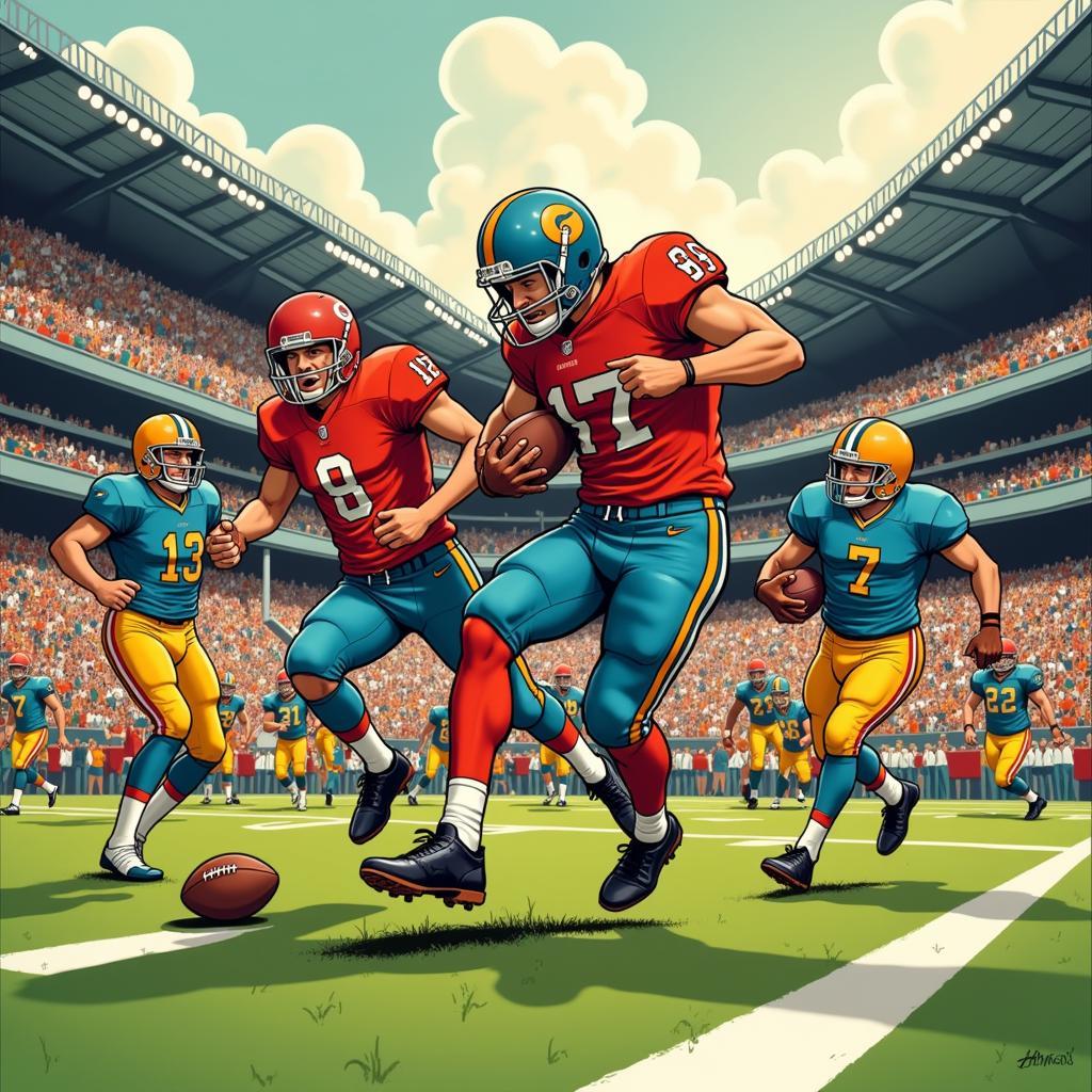 Tiny football players engaged in a dynamic action sequence within a vibrant comic book panel