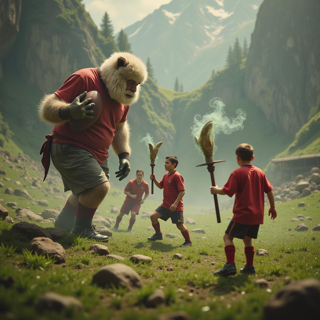 Tiny football players in a fantastical comic setting, interacting with magical elements