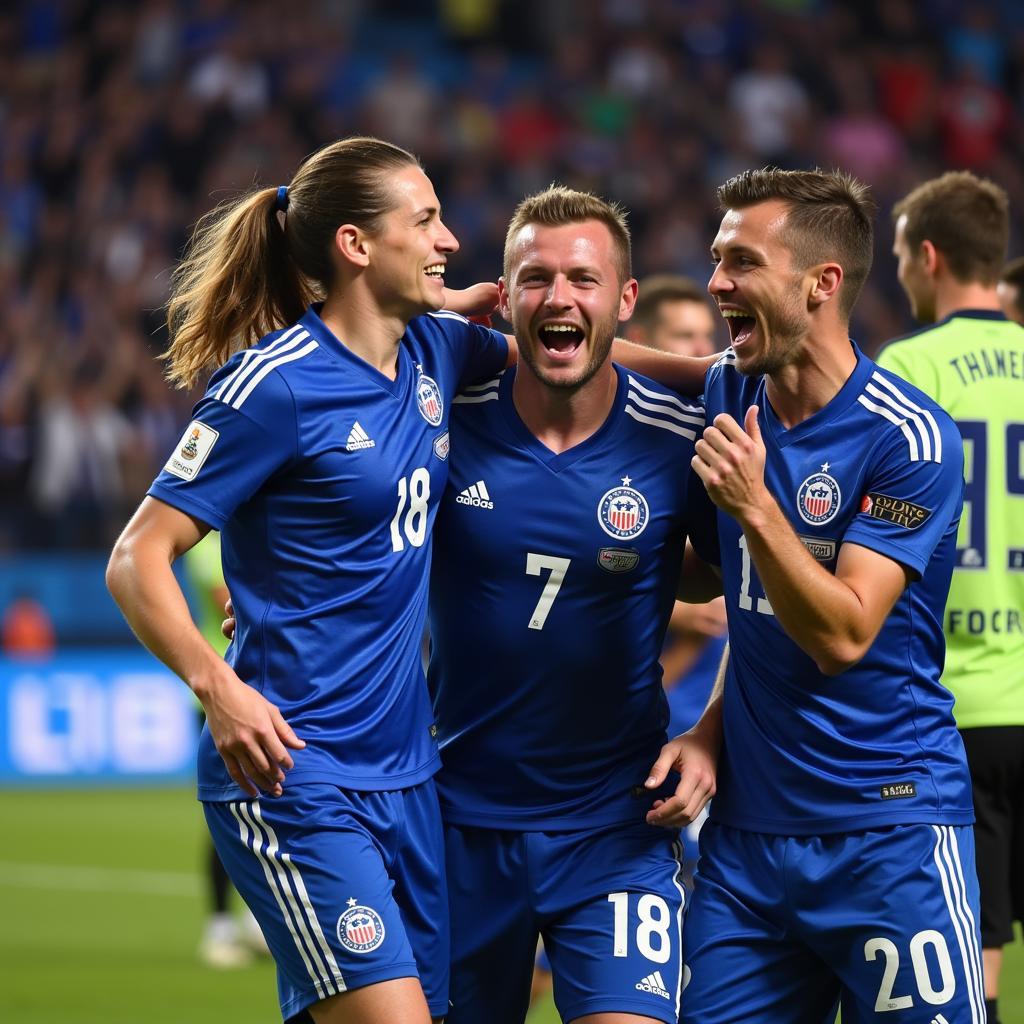 Alfie Tjaaland celebrating a victory with his Molde FK teammates.