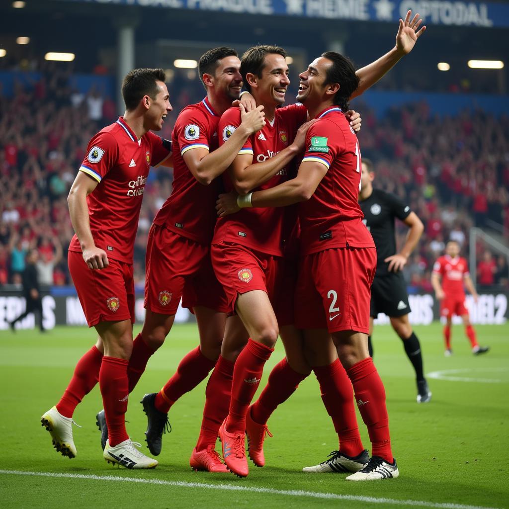 Top wingers celebrating a goal together, showcasing camaraderie and teamwork.