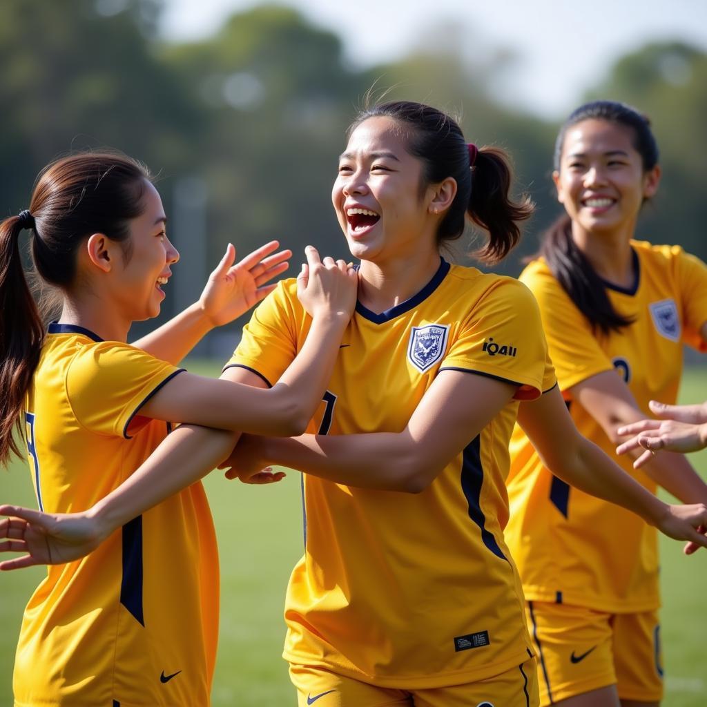 Tram Anh joyfully celebrates after scoring a goal, surrounded by her teammates, reflecting the camaraderie and sportsmanship in youth football.