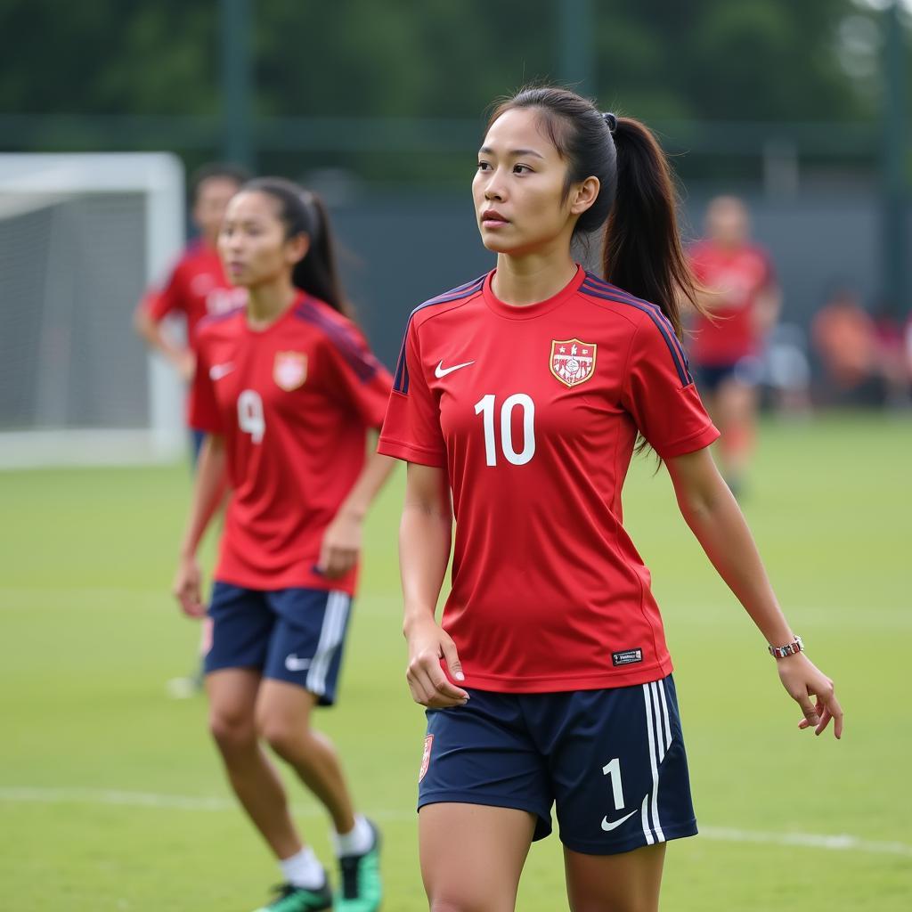 Tram Anh focused and determined during a football training session, practicing her skills and demonstrating dedication to improving her game.