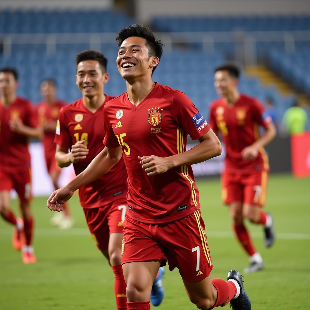 Tran Minh Chien celebrating a goal, symbolizing his potential as a future football star.