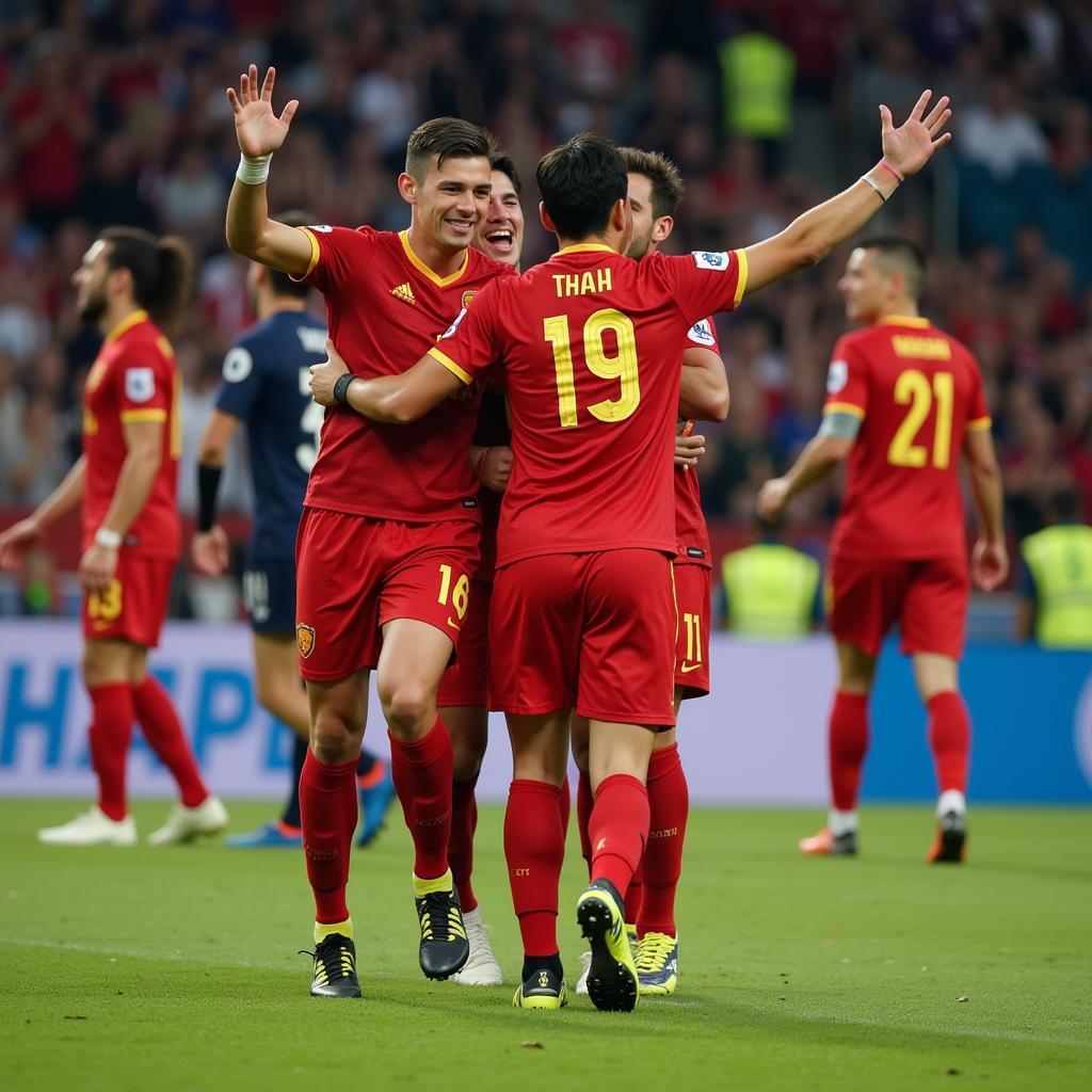 Tran Thanh Player celebrating a goal with his teammates