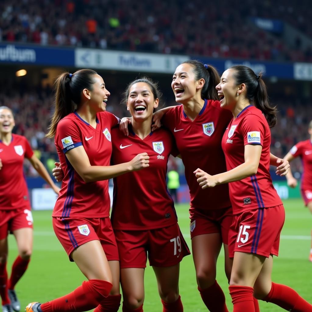 Tran Thi Thuy Trang celebrates a goal with her teammates