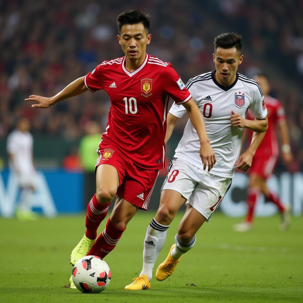 Trinh Van Loi skillfully dribbles past a defender during a match, showcasing his impressive agility and ball control.