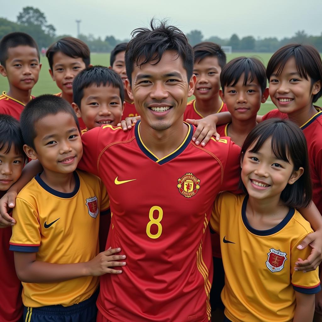 Tuan Anh interacts with young fans after a match, signing autographs and inspiring the next generation