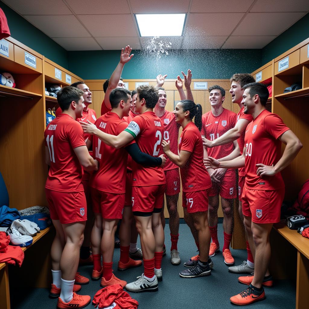 U22 Players Celebrating a Win in the Locker Room