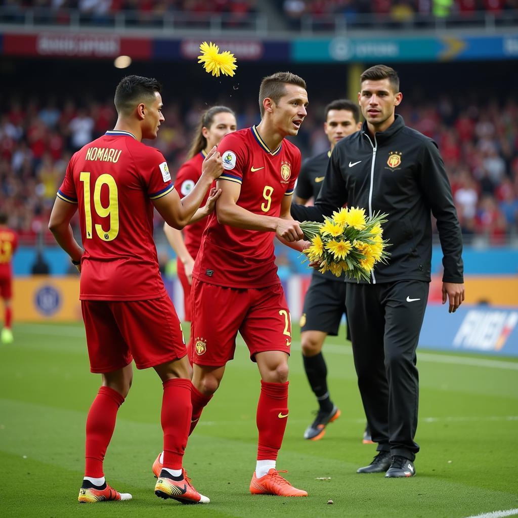 U22 Vietnam player throws flowers after award ceremony