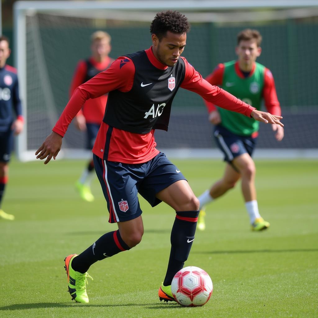 A focused U23 player executing complex drills during training, highlighting the dedication and hard work involved in reaching the professional level.