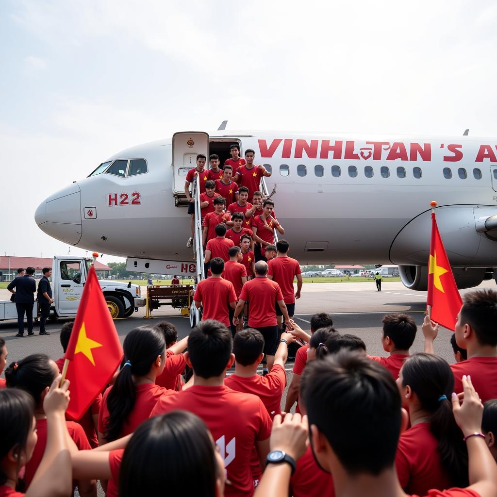 U23 players arriving at Vinh airport