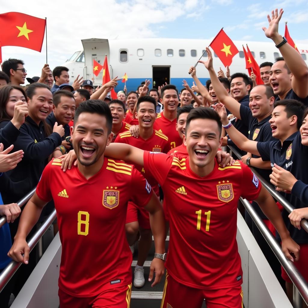 U23 Vietnam players arriving at the airport, greeted by cheering fans