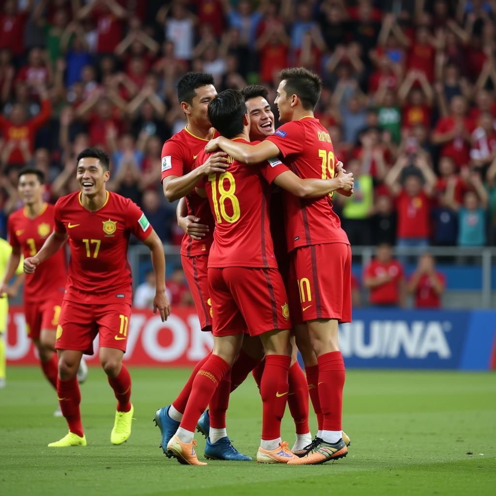 U23 Vietnam players celebrate a goal, showcasing their team spirit and joy.