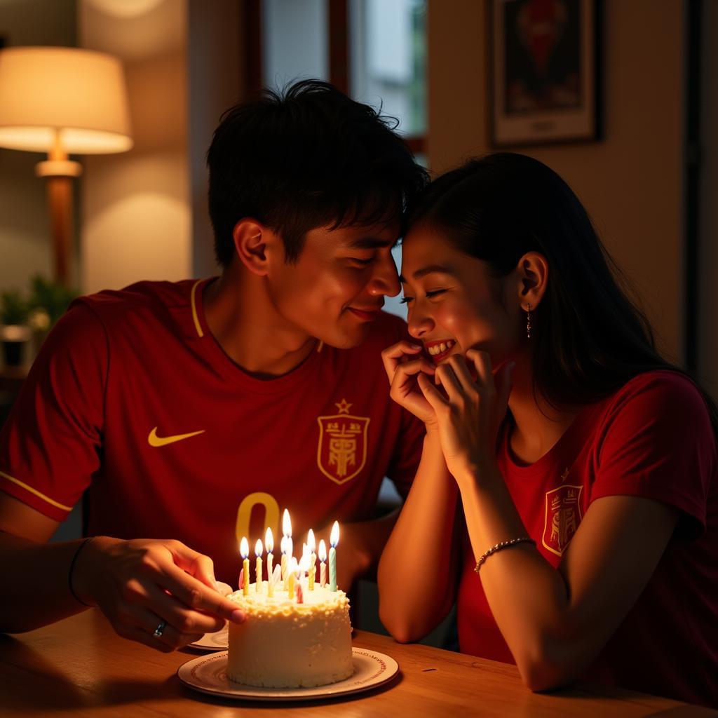 U23 Vietnam player and his girlfriend celebrating a personal milestone