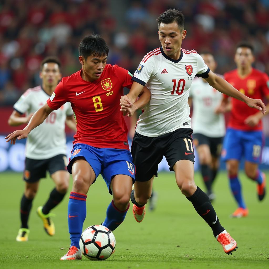 U23 Vietnam midfielders contest for possession during a competitive match against a regional rival.