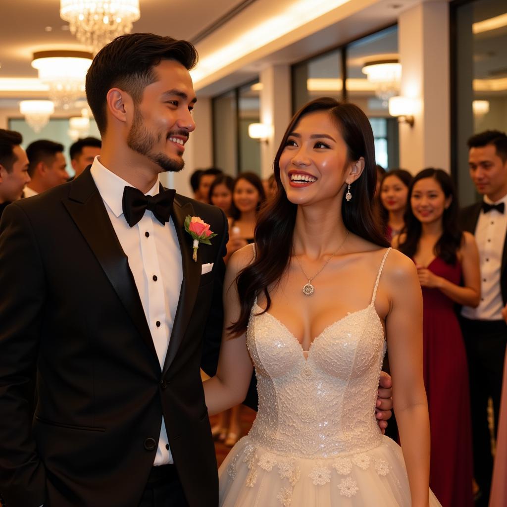 U23 Vietnam player and his bride at a modern wedding reception.