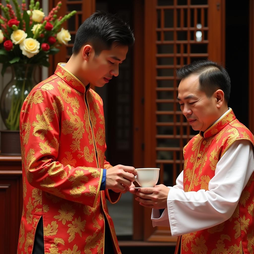 U23 Vietnam player in traditional wedding attire during a tea ceremony.