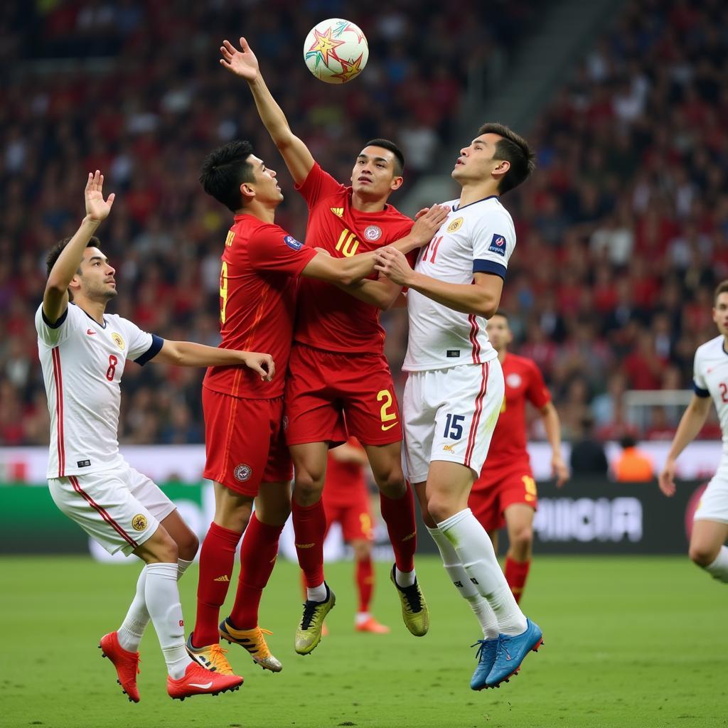 U23 Vietnam players jumping for a header during a match