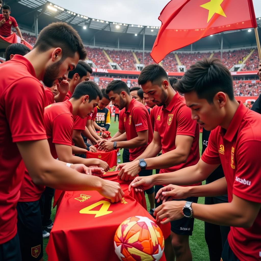 U23 Vietnam players signing autographs for fans after a match