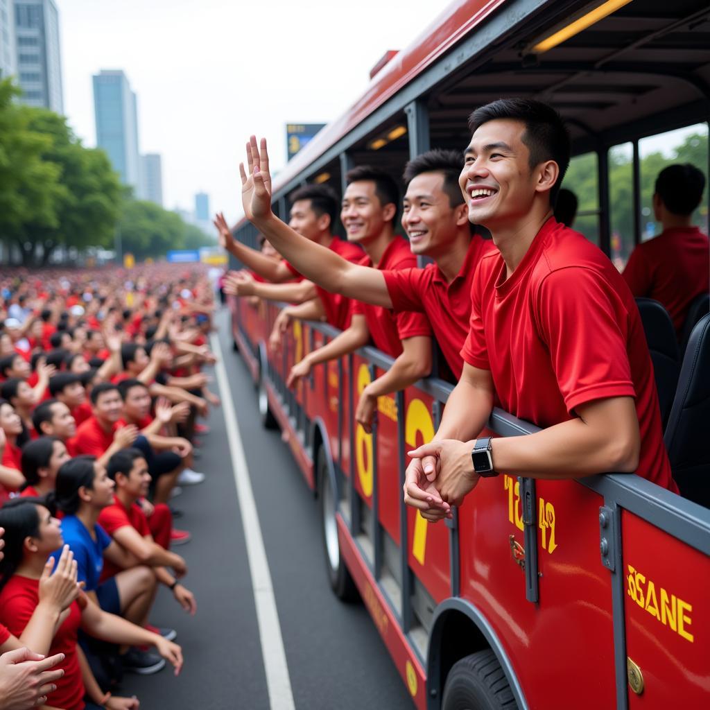 U23 Vietnam team on the bus, waving to fans lining the streets